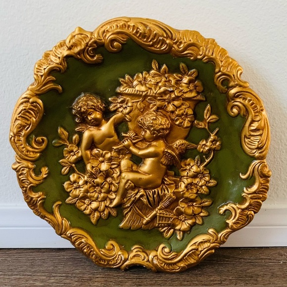 French plaster 3 D  Gold and Green Decorative plaque - Picture 1 of 12